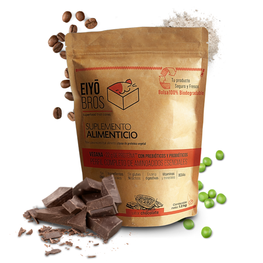 Proteína vegetal sabor chocolate 600 g empaque 100% biodegradable