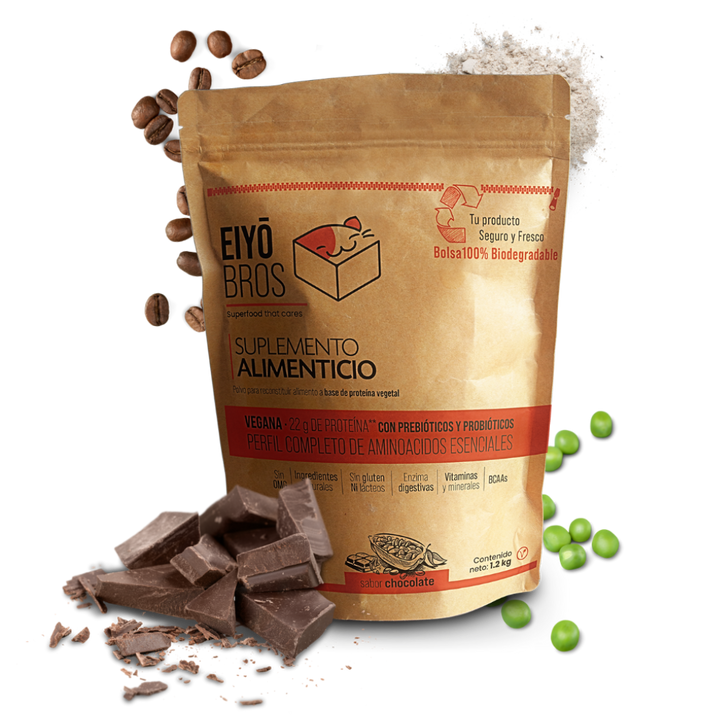 Proteína vegetal sabor chocolate 600 g empaque 100% biodegradable