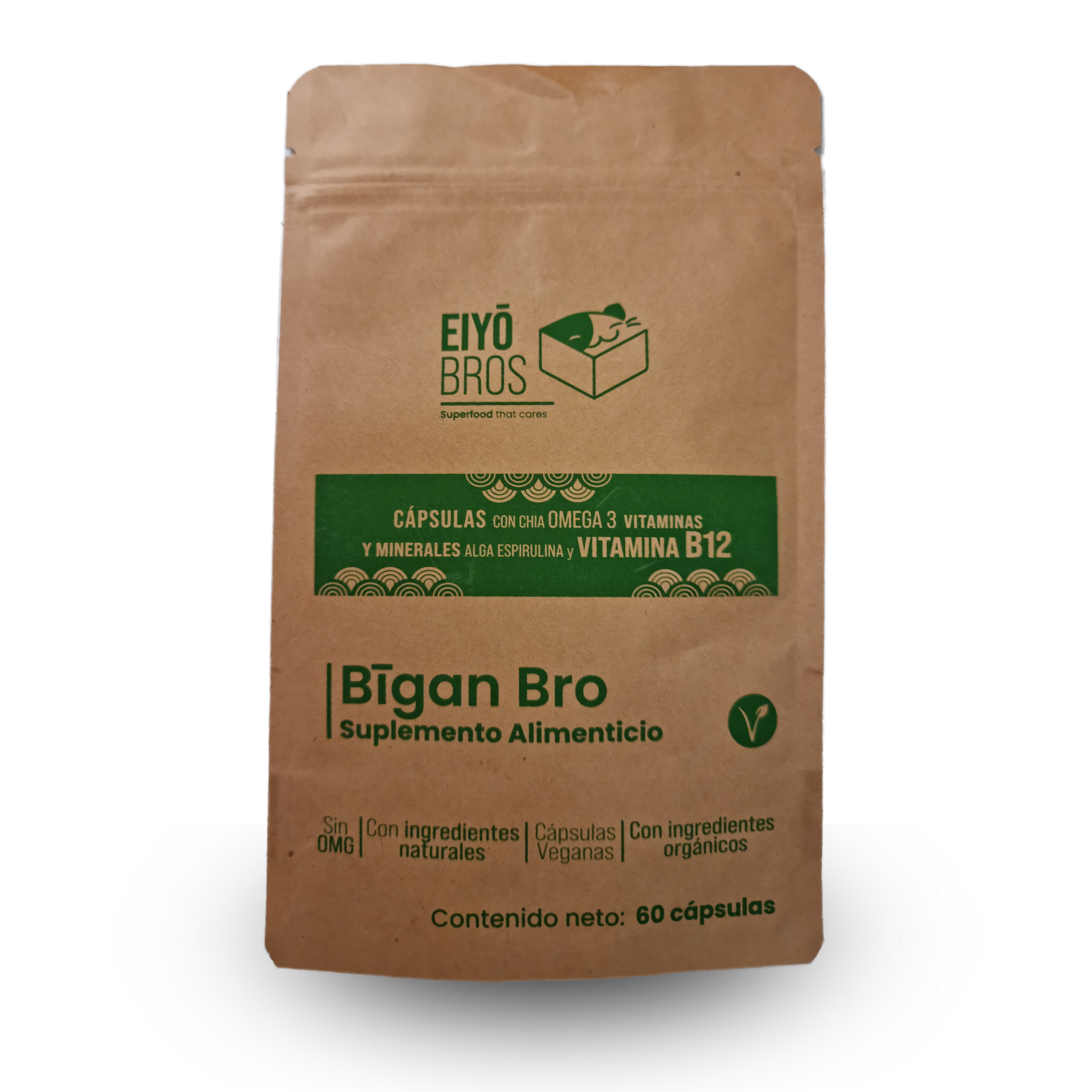 Bigan Bro veganas con chia, omega 3, alga espirulina, vitaminas, minerales y Vitamina B12