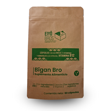 Bigan Bro veganas con chia, omega 3, alga espirulina, vitaminas, minerales y Vitamina B12