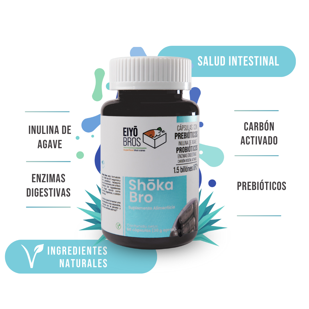 Shoka Bro veganas con carbón activado, Probióticos, Prebióticos, Enzimas Digestivas, 1.5 billones de UFC (salud digestiva)