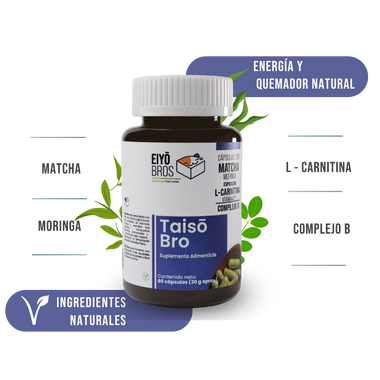 Taiso Bro Veganas con Matcha, Espirulina, Moringa, L-Carnitina, Complejo B. (Energía y reductor natural)