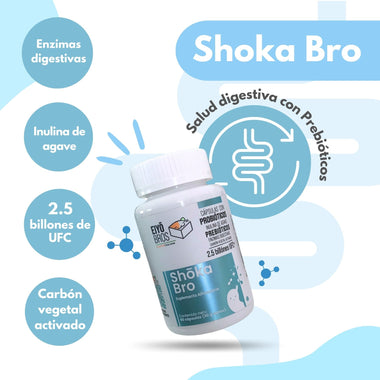 Shoka Bro con carbón activado, Probióticos, Prebióticos, Enzimas Digestivas, 1.5 billones de UFC (salud digestiva)