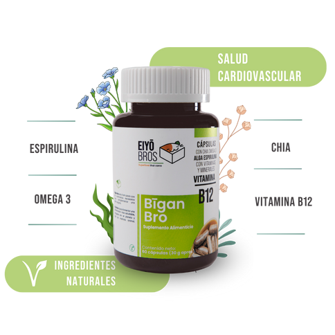 Bigan Bro veganas con chia, omega 3, alga espirulina, vitaminas, minerales y Vitamina B12