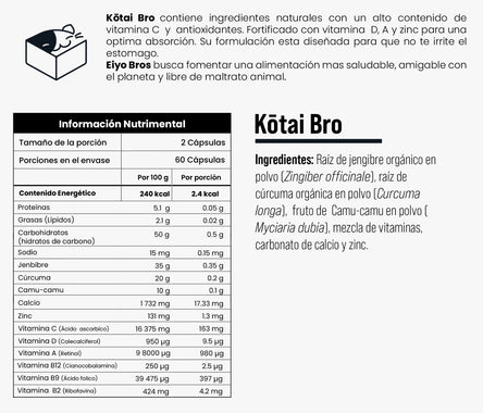 Kotai Bro Veganas con cúrcuma, jengibre, Camu-Camu y  Vitaminas (C,D,A) (sistema inmune y antioxidante)