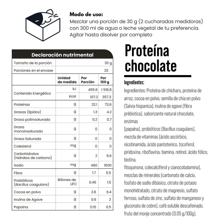 Proteína vegetal sabor chocolate 600 g empaque 100% biodegradable