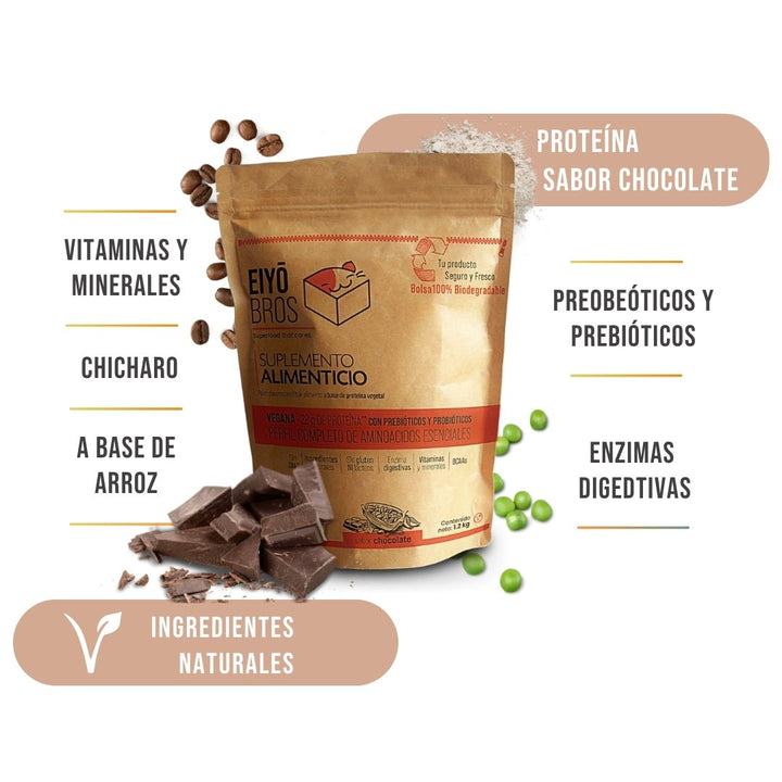 Proteína vegetal sabor chocolate 600 g empaque 100% biodegradable