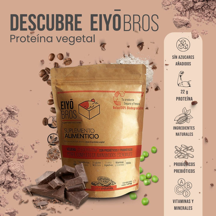 Proteína vegetal sabor chocolate 600 g empaque 100% biodegradable