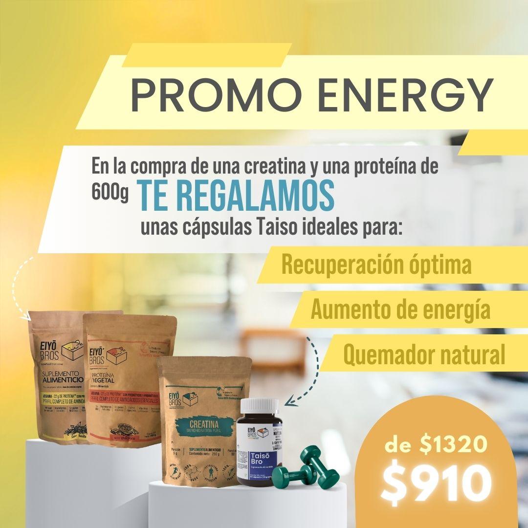 Paquete Energy (Proteina Vegana Chocolate, Cápsulas Taiso y Creatina Monohidratada)