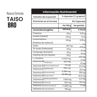 Taiso NUEVA FORMULA: Extracto de Té Verde, Cordyceps, Centonas de Franmbuesa, L-Carnitina Vitaminas y Complejo B