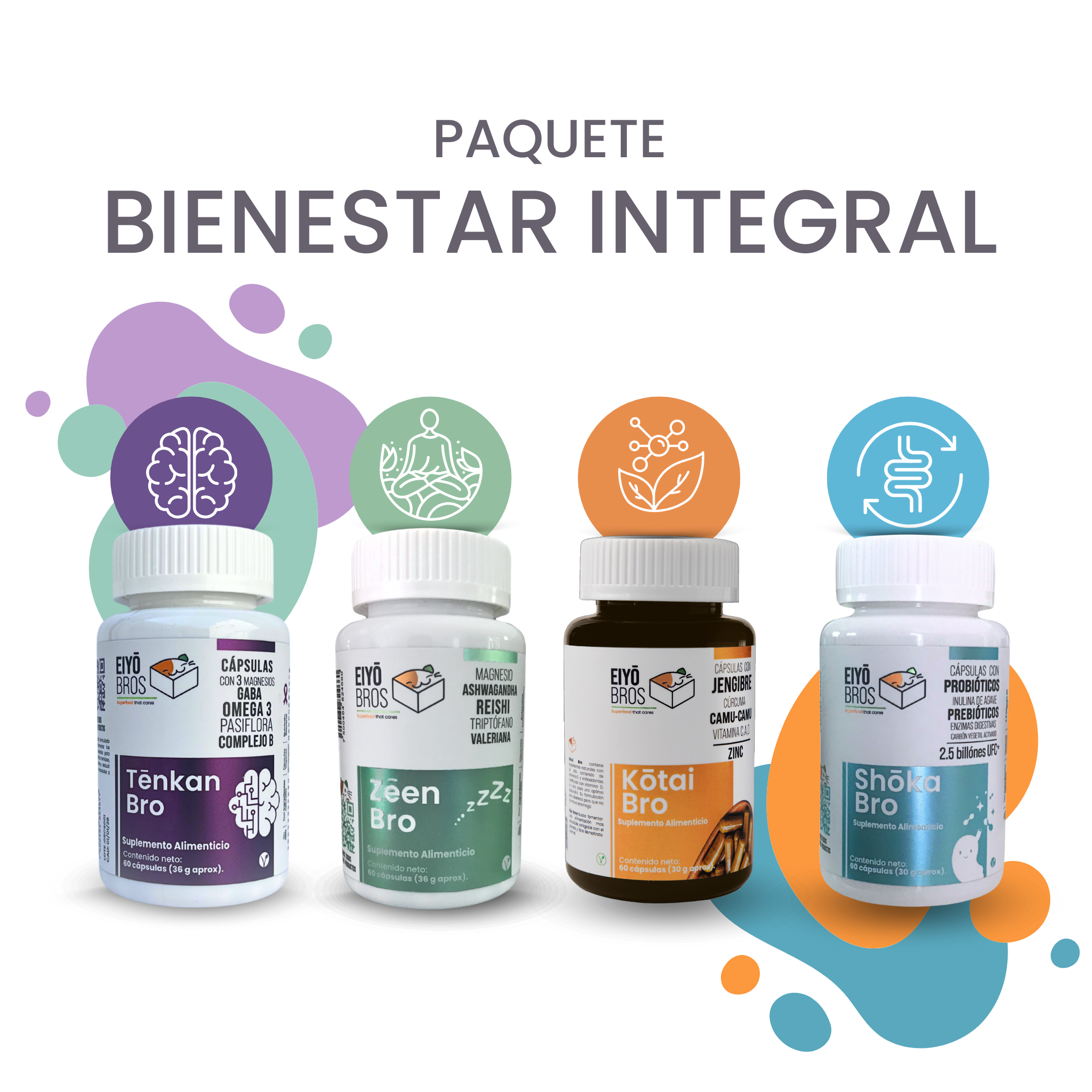 Paquete Bienestar Integral Incluye 4 botes de Cápsulas (Tenkan, Zeen, Kotai y Shoka) Eiyo Bros