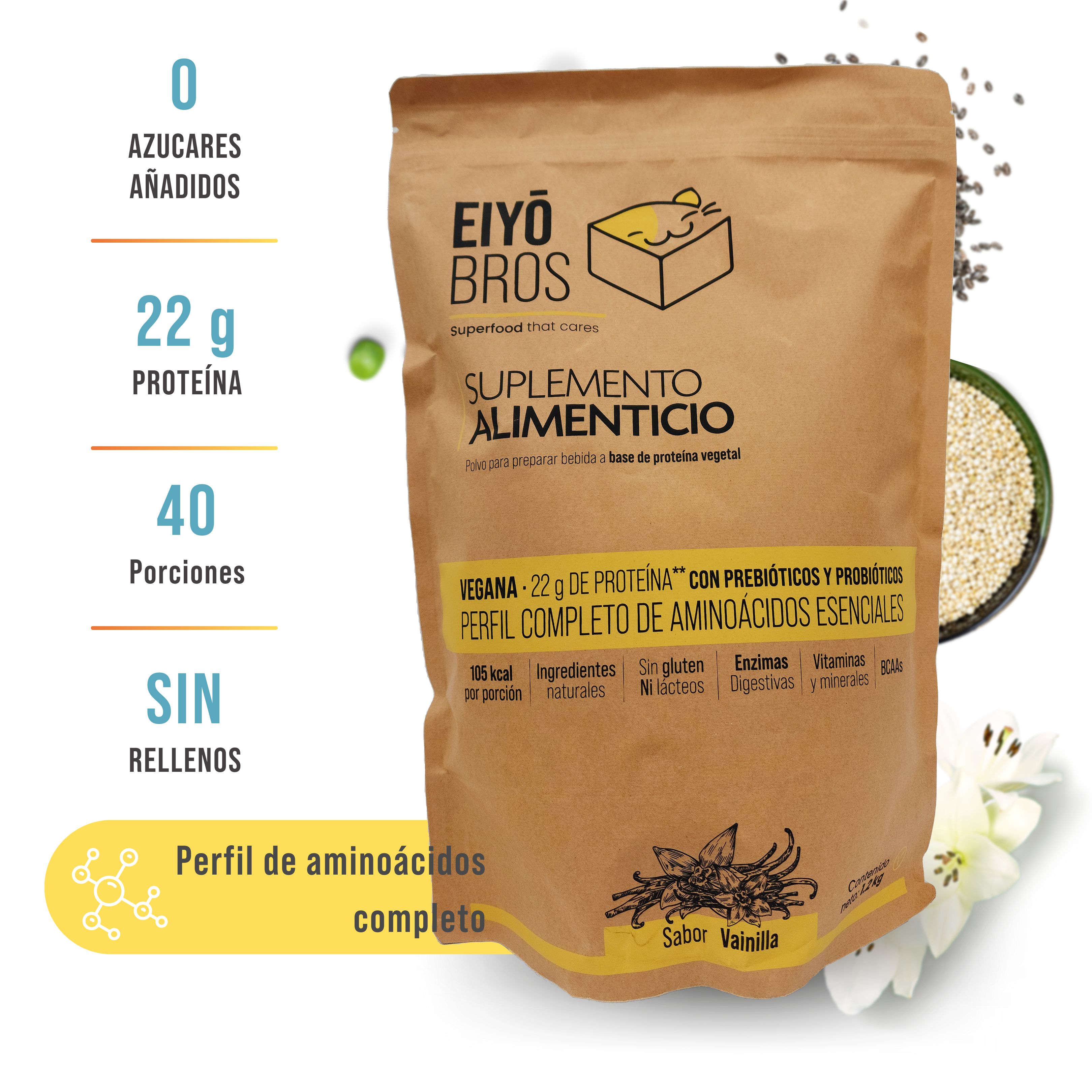 Eiyo Bros Proteína vegetal sabor vainilla 600 g y 1.2 kg